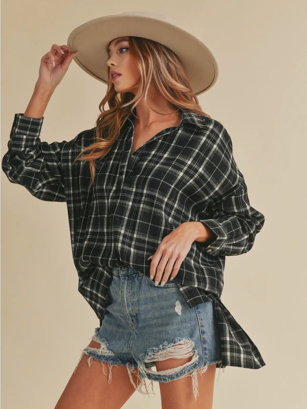 Relaxed Black Plaid Button-Front Women’s Blouse